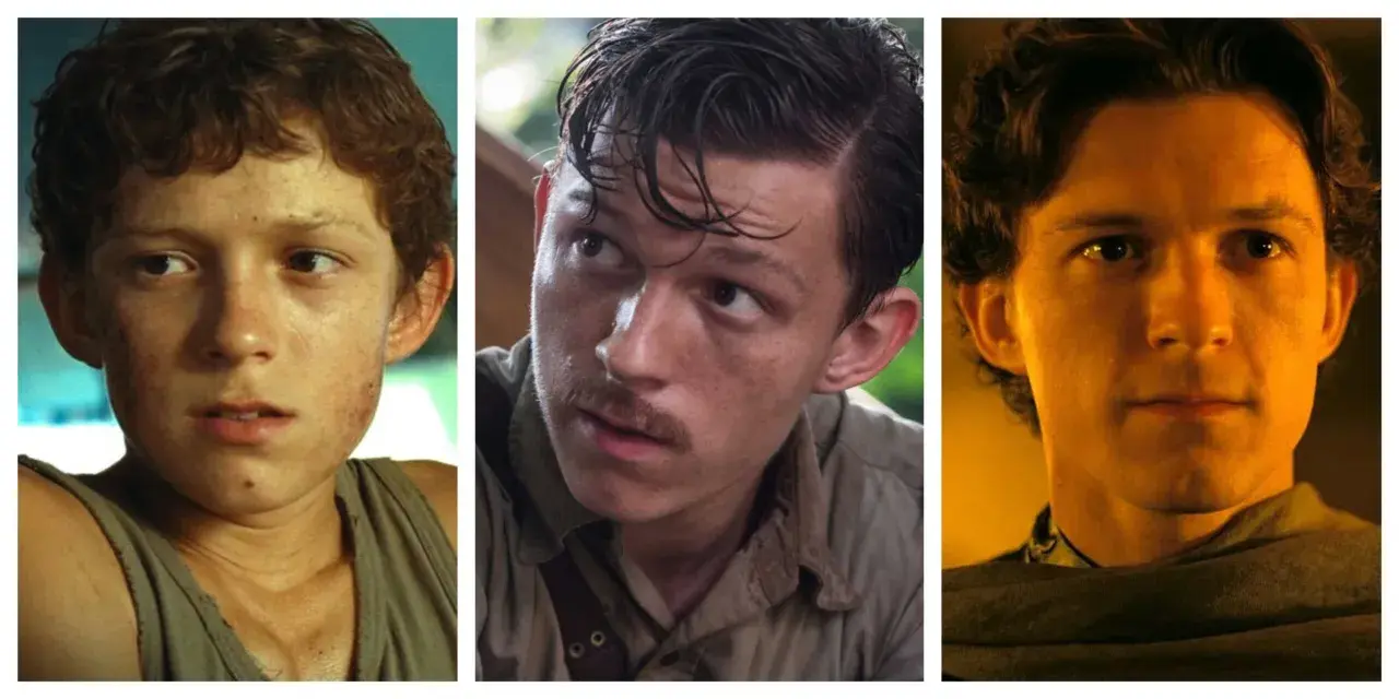 Tre bilder på Tom Holland i olika filmer. Från ung pojke till vuxen man, en resa genom hans filmer.