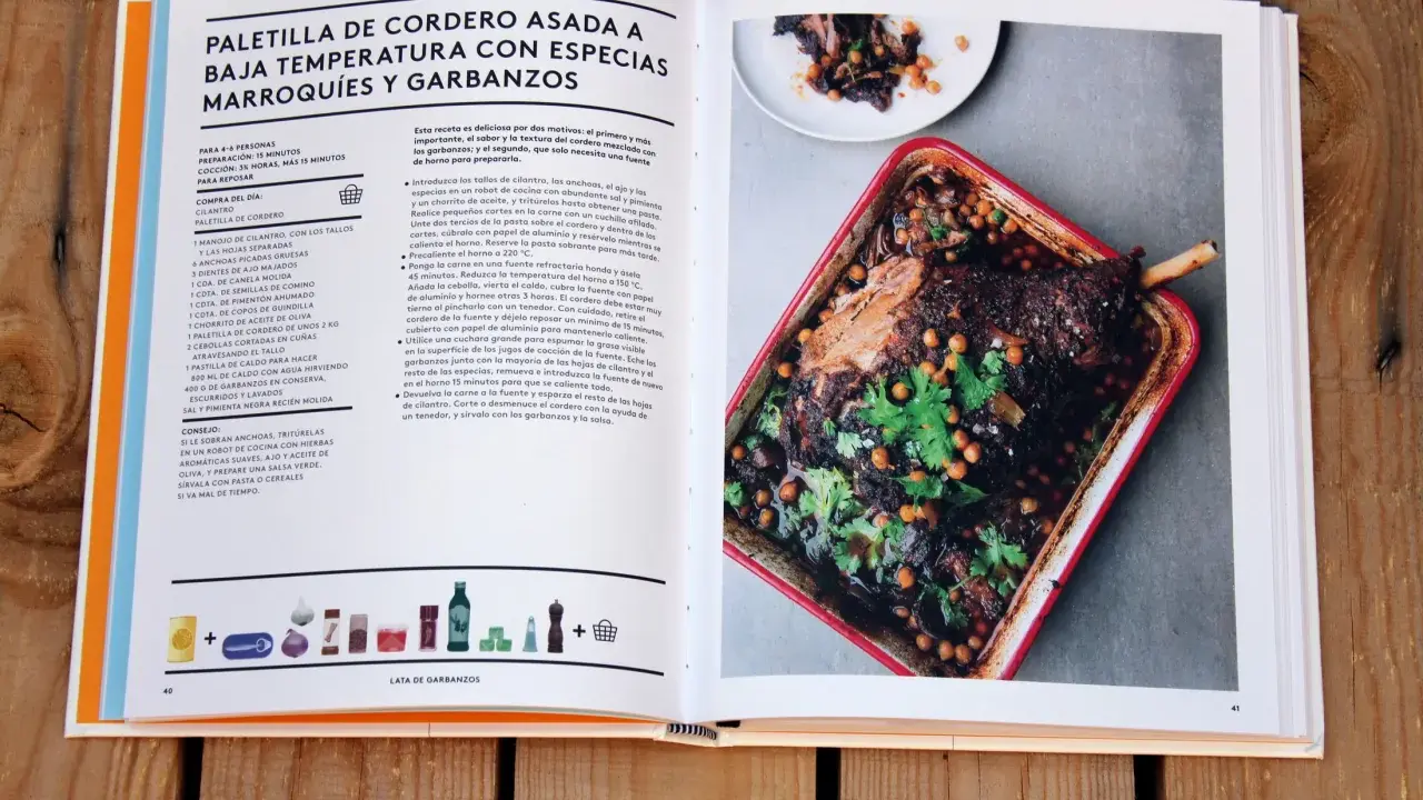 Paletilla de cordero asada con garbanzos y especias marroquíes. Recetas con ingredientes básicos para un plato delicioso.