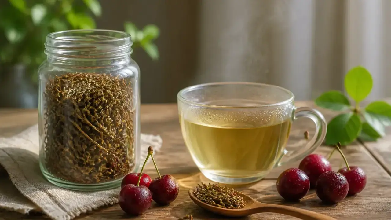 Infusion de queue de cerise, ses bienfaits pour la santé sont reconnus. Une tasse fumante à côté d'un bocal rempli de queues de cerises séchées.