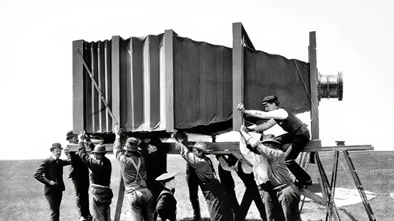 Grupa mężczyzn w historycznych strojach ustawia gigantyczny aparat fotograficzny. Wyobraź sobie, kiedy wynaleziono aparat fotograficzny i jak wielkie musiały być pierwsze urządzenia!