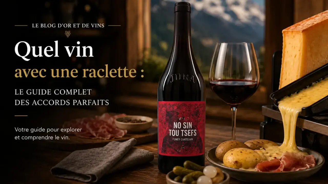 Un vin rouge Jura accompagne une raclette fondante, des pommes de terre et de la charcuterie. Le guide parfait pour les accords mets et vins.