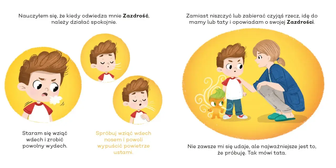 Chłopiec uczy się, jak nie być zazdrosnym: ćwiczy spokojne oddechy i rozmawia z mamą.