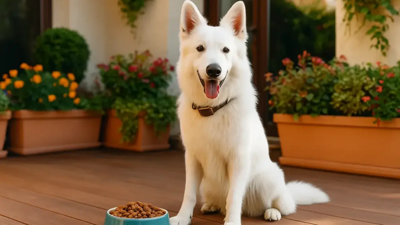 Berger blanc suisse attendant patiemment ses croquettes.