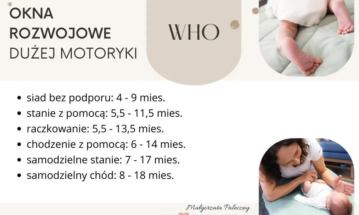 Okna rozwojowe dużej motoryki wg WHO: siad, stanie, raczkowanie, chodzenie. Obrazek pokazuje niemowlęta i listę kamieni milowych.