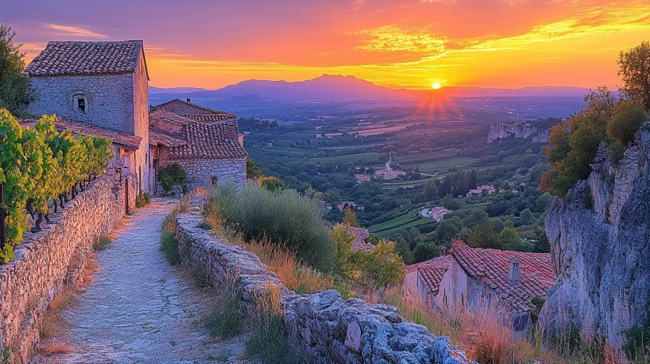 Coucher de soleil sur un village perché de Saignon, France. La lumière dorée baigne les maisons de pierre et la vallée verdoyante.