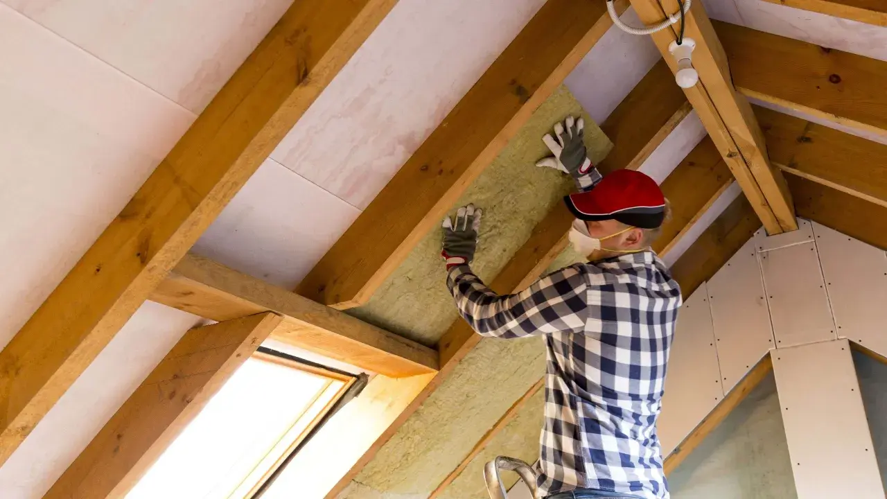 Uomo con mascherina e guanti installa materiale isolante tra le travi di legno di un sottotetto. È chiaro che conviene isolare il sottotetto per migliorare il comfort.