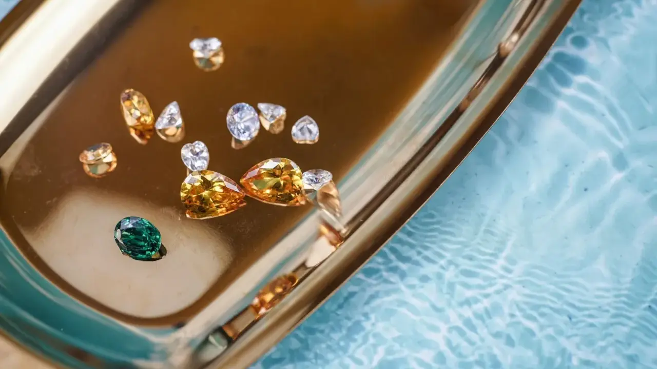 Un singolo zaffiro accento verde smeraldo risalta tra diamanti e pietre color miele su un vassoio dorato, riflettendo la luce.