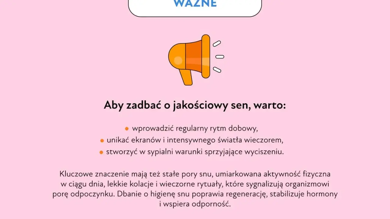 Grafika z megafonem i tekstem o higienie snu. Kluczowe dla regeneracji i odporności są stałe pory snu, by uniknąć problemów z drzemką.