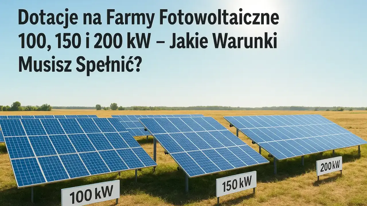 Panele fotowoltaiczne na polu, z tabliczkami 100 kW, 150 kW i 200 kW. Informacja o dofinansowaniu do farmy fotowoltaicznej.