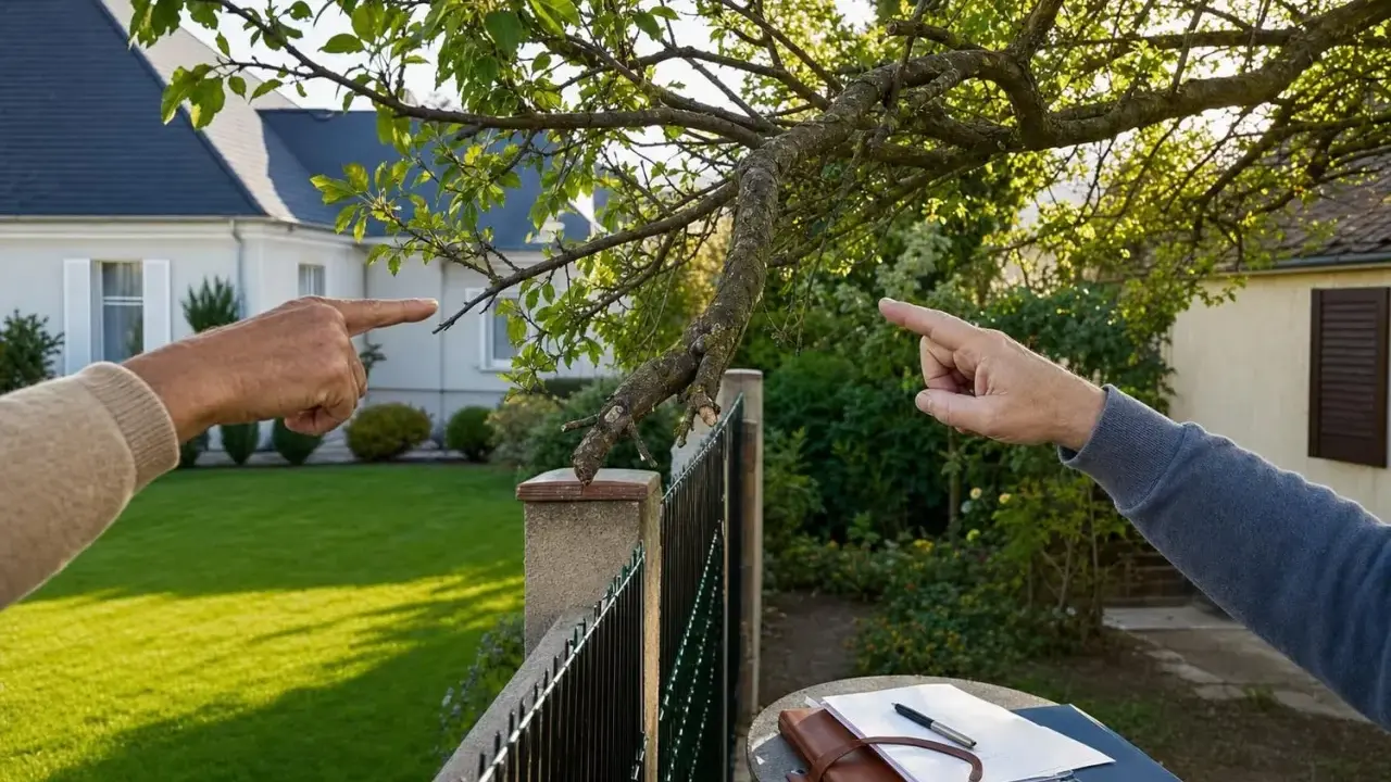 Deux voisins se disputent, pointant du doigt une branche d'arbre qui dépasse. Mon voisin refuse de couper ses branches.