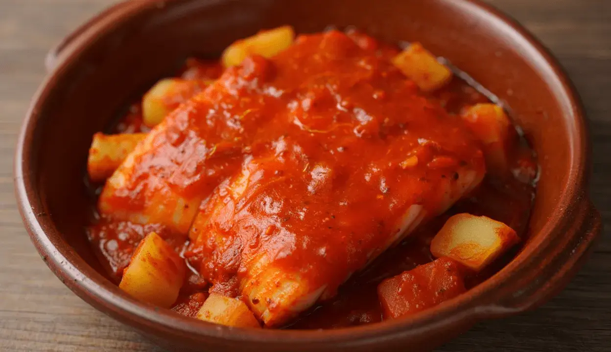 Bacalao a la riojana, un plato tradicional con trozos de patata y pimiento en una salsa roja sabrosa, servido en cazuela de barro.