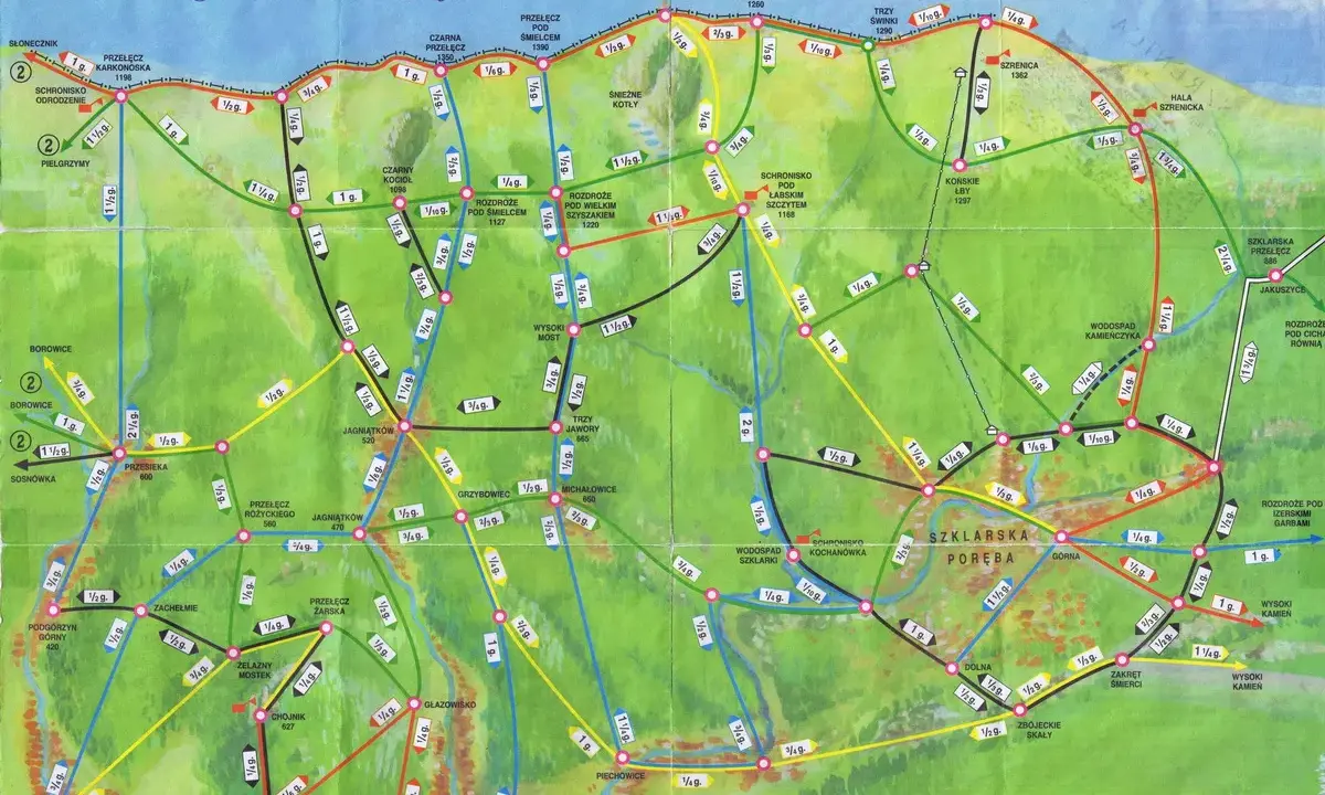 Mapa turystyczna Karkonoszy z zaznaczonymi szlakami. Widać tu m.in. Szklarską Porębę, Śnieżne Kotły i Szrenicę.