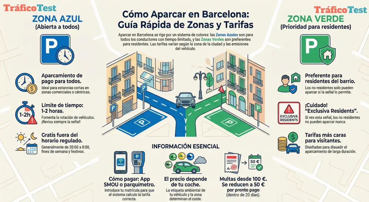 Guía de pago zona azul Barcelona: aparcamiento para todos, ideal para estancias cortas. Límite 1-2h. Gratis fuera horario regulado.