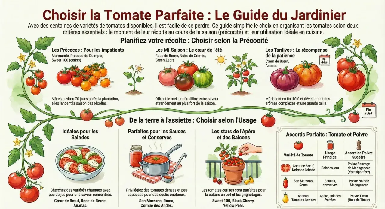 Guide du jardinier pour choisir la tomate parfaite, planifiez votre récolte et découvrez les variétés idéales pour salades, sauces, apéros et plus.