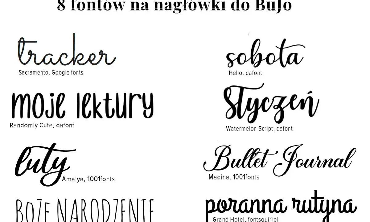 8 fontów do BuJo: tracker, moje lektury, buty, Boże Narodzenie, sobota, Styczeń, Bullet Journal, poranna rutyna. Różnorodne **kaligraficzne pismo** i inne style.