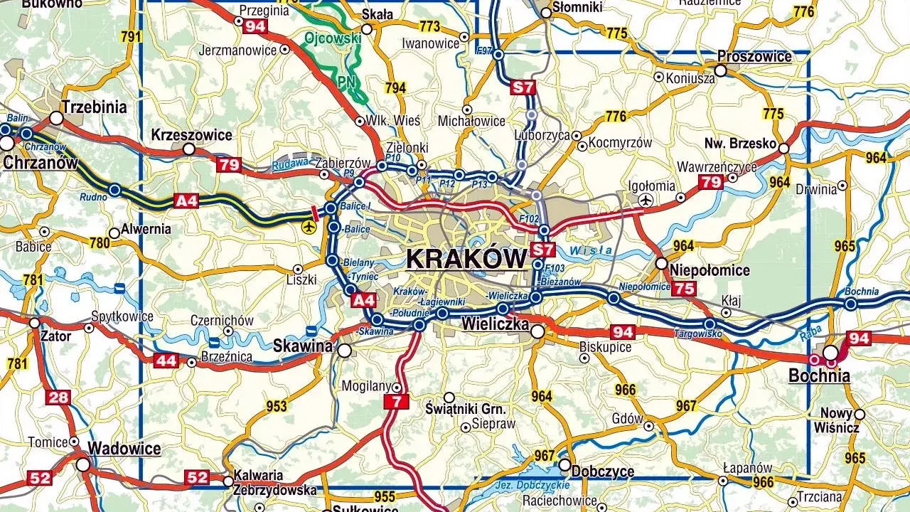 Mapa pokazuje Kraków i okoliczne miejscowości, takie jak Olkusz, Trzebinia, Alwernia, Skawina, Wieliczka, Niepołomice, Bochnia, Myślenice.