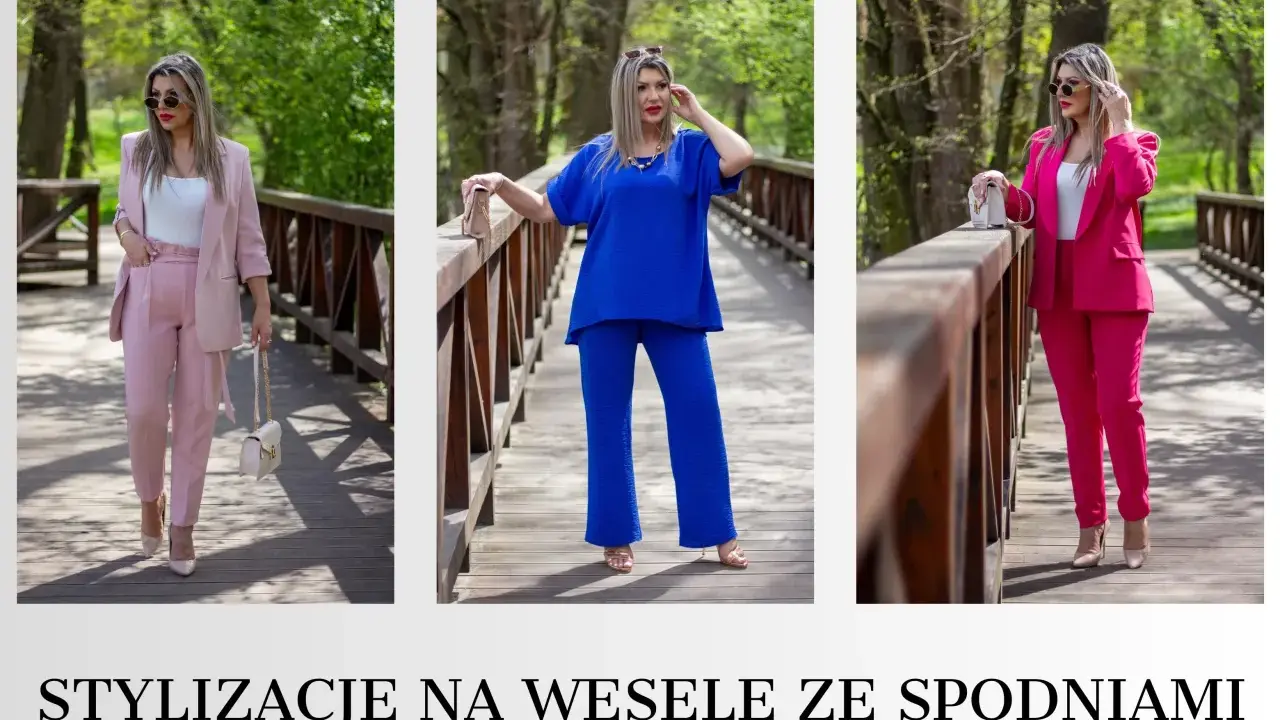 Eleganckie, gotowe stylizacje na wesele ze spodniami: różowy garnitur, kobaltowy komplet i fuksjowy garnitur.