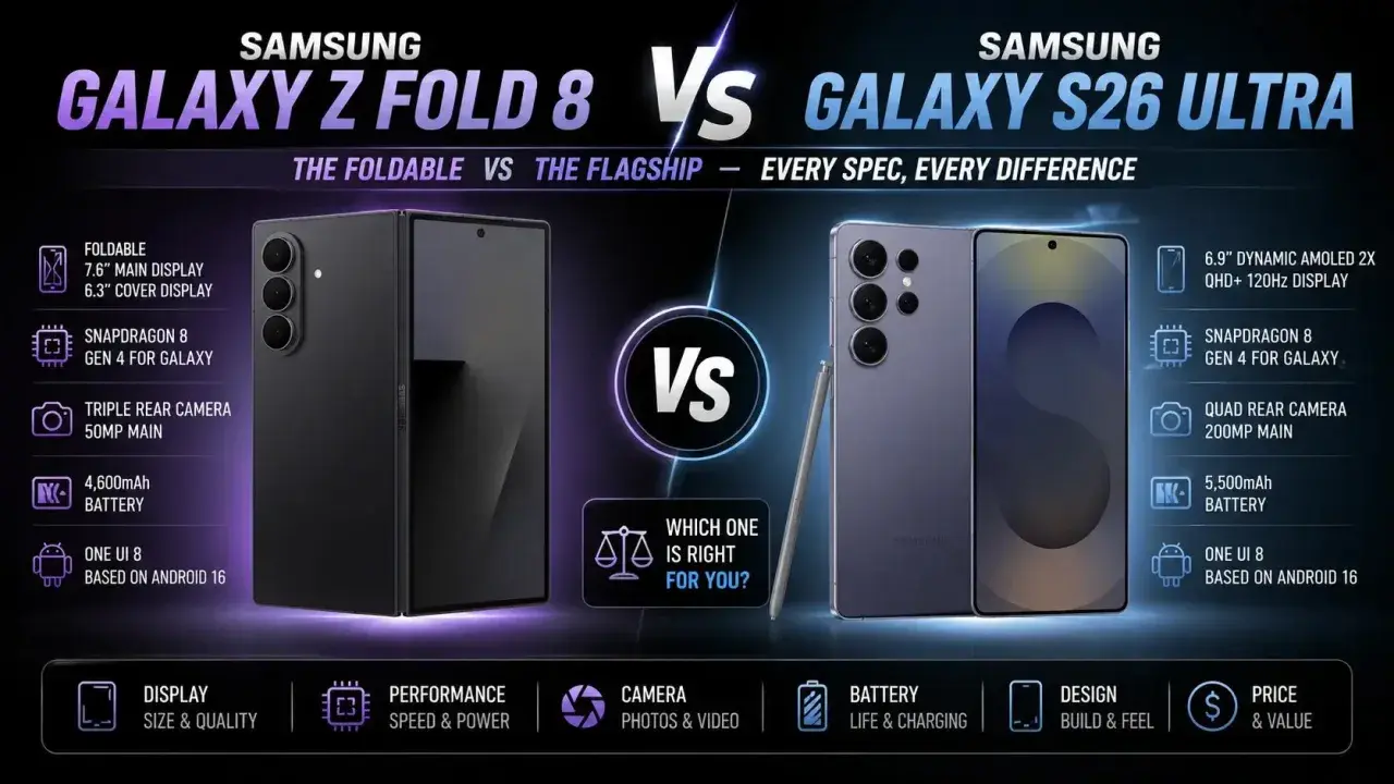 Porównanie Samsung Galaxy Z Fold 8 i Galaxy S26 Ultra. Dowiedz się, jaki jest najnowszy Samsung, który lepiej spełni Twoje potrzeby.