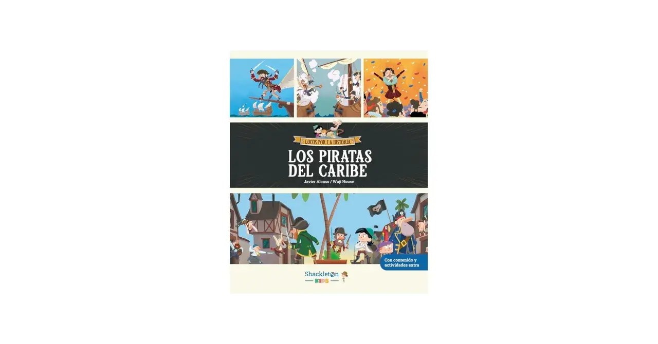 Ilustración de "Los Piratas del Caribe" con escenas animadas y texto que indica "piratas del caribe edad recomendada".