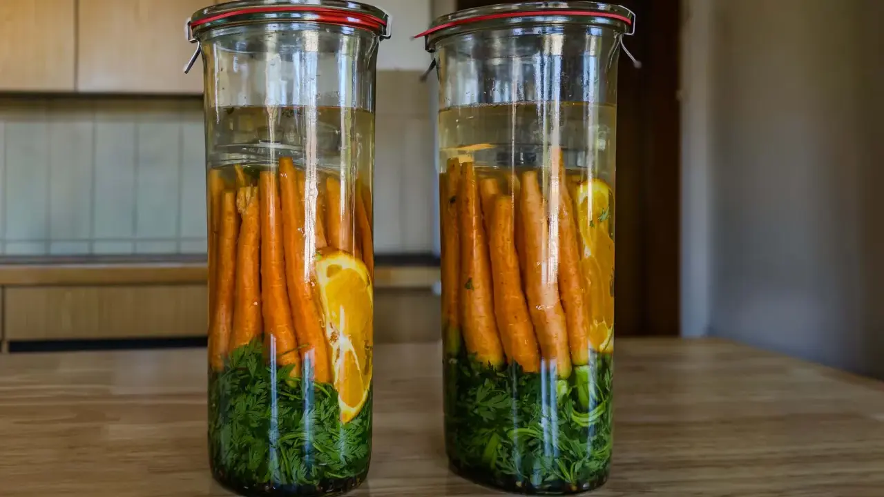 Zwei Gläser mit Karotten, Kräutern und Orangenscheiben in Salzlake zum Fermentieren.