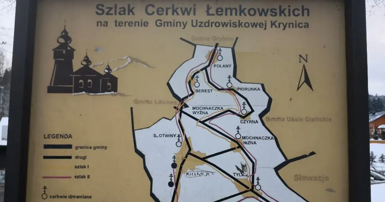 Mapa szlaku cerkwi łemkowskich w gminie Krynica. Widoczne nazwy miejscowości: Polany, Berest, Piorunka, Tylicz.