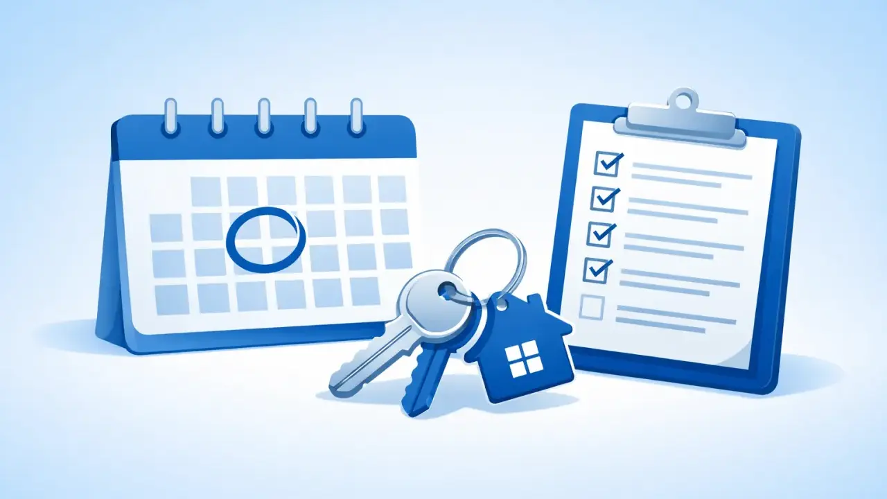 Un calendrier avec une date marquée, des clés et une liste de contrôle, symbolisant la planification de la date d'état des lieux de sortie.