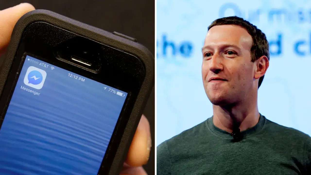 En närbild på en iPhone med Messenger-appen öppen, bredvid ett porträtt av Mark Zuckerberg. Kanske han funderar på hur man kan återkalla meddelande messenger.