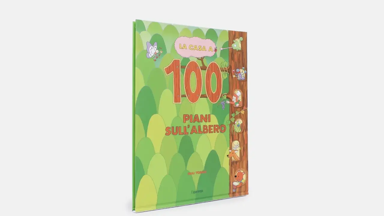 Copertina del libro "La casa a 100 piani sull'albero" con simpatici animali che abitano in un albero.