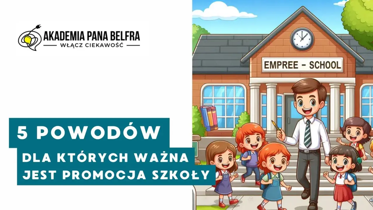 Akademia Pana Belfra: 5 powodów, dla których ważna jest promocja szkoły. Uśmiechnięty nauczyciel i dzieci przed budynkiem szkolnym.