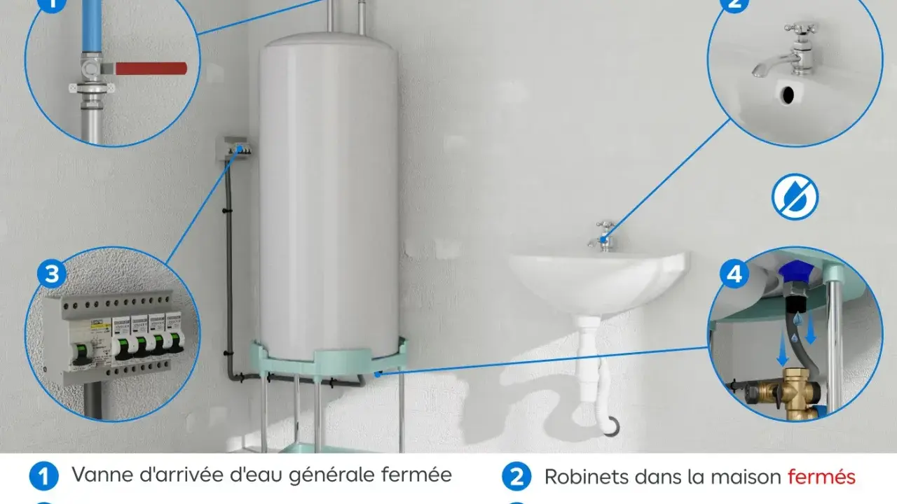 Schéma d'installation chauffe eau : vanne d'eau fermée, électricité coupée, robinets fermés, groupe de sécurité.