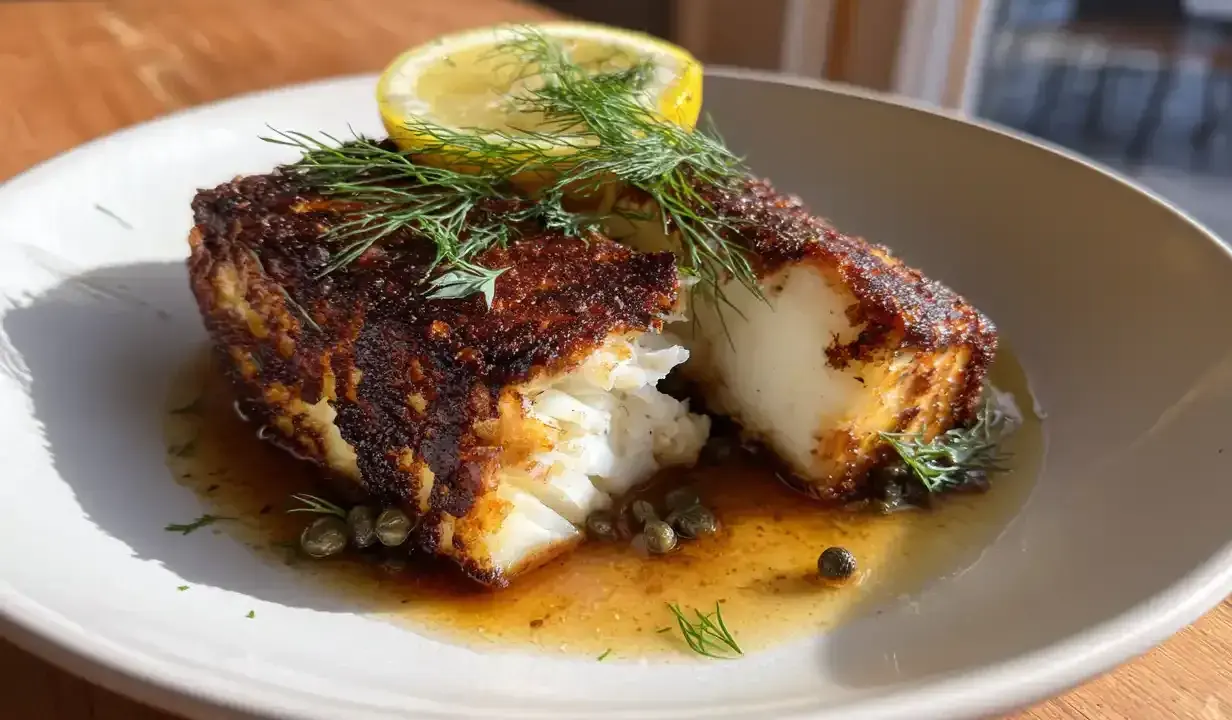 En portion rimmad torsk med krispig yta, serverad med citron, dill och kapris i en ljus sås.