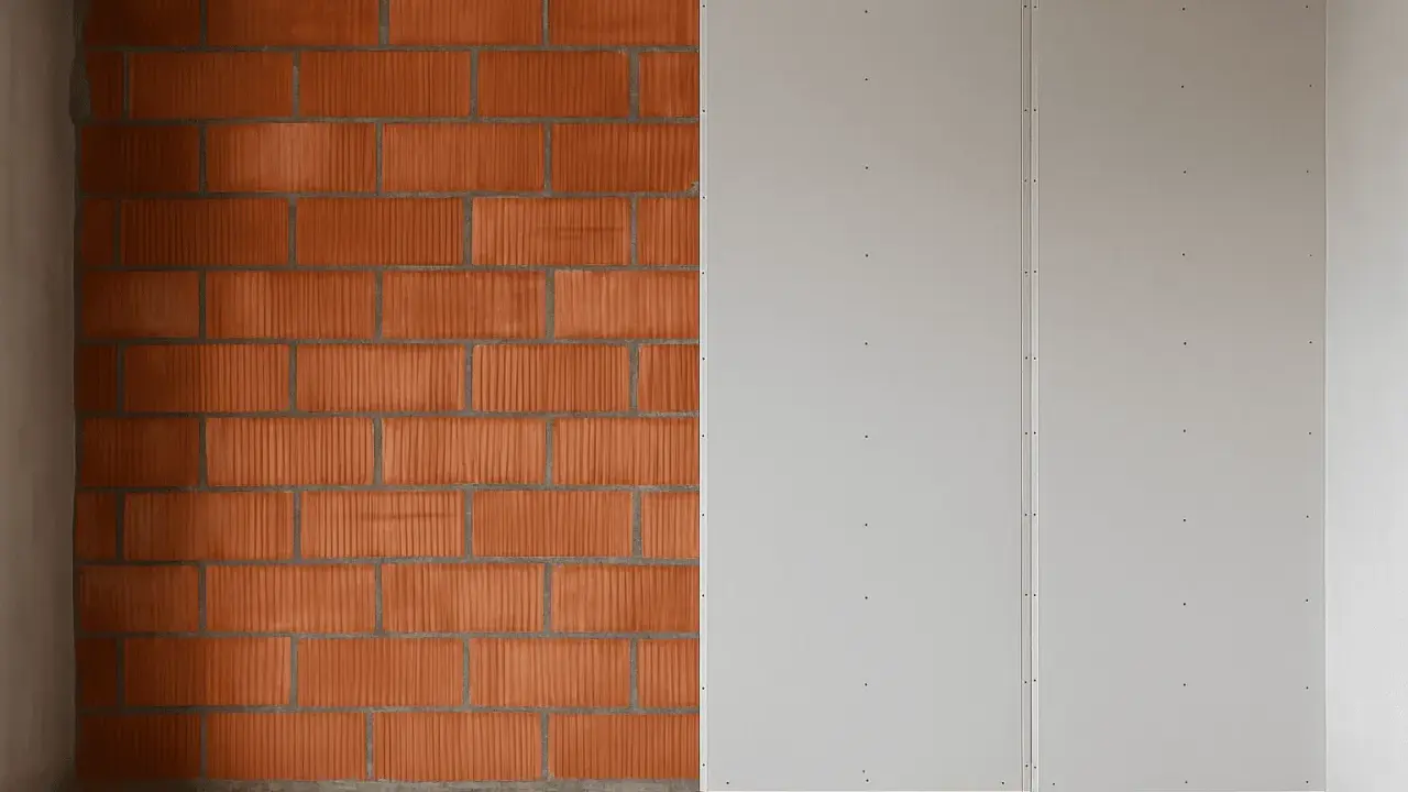 Proceso de colocar pladur sobre pared de ladrillo visto. La mitad izquierda muestra ladrillos naranjas, la derecha paneles blancos.