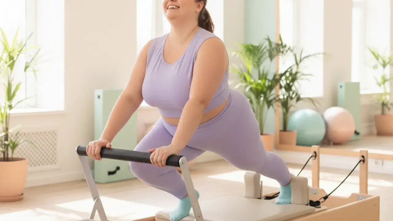 Frau lacht glücklich bei Pilates-Übungen auf einem Reformer. Pilates zum Abnehmen ist eine tolle Möglichkeit, fit zu werden.