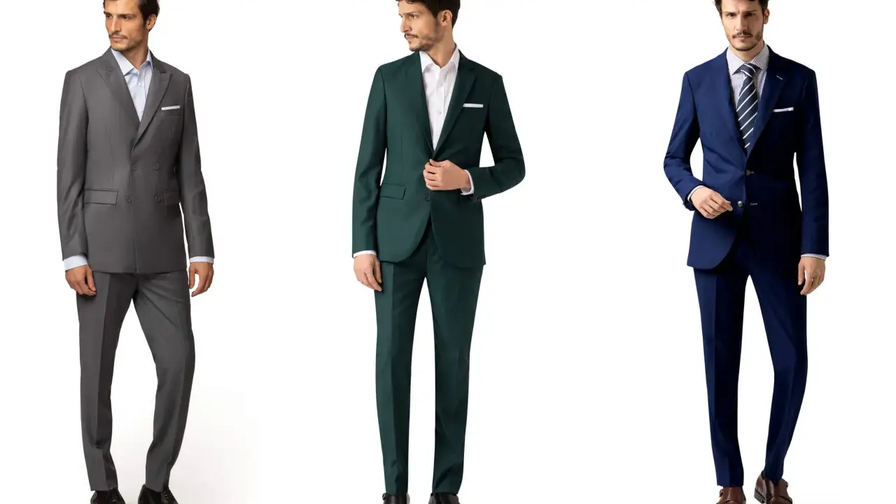 Three men dressed formally in suits: grey double-breasted, dark green, and navy blue.