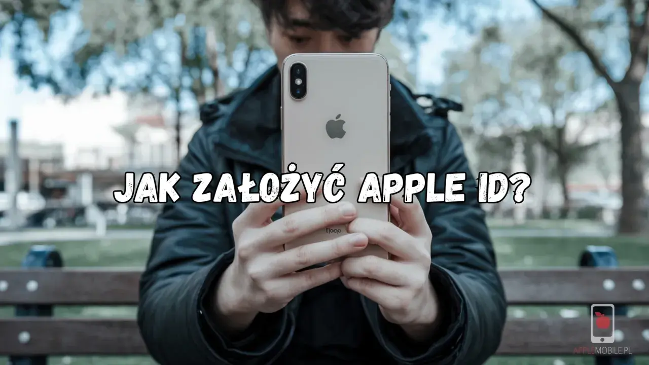 Mężczyzna trzyma iPhone'a z napisem "Jak założyć Apple ID?".