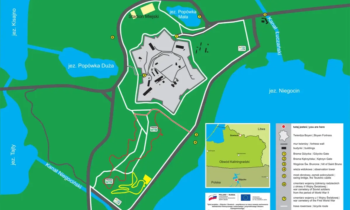 Odkryj malownicze **giżycko trasy rowerowe** wokół jezior Kisajno, Tajty i Niegocin. Mapa pokazuje szlaki MTB i piesze.