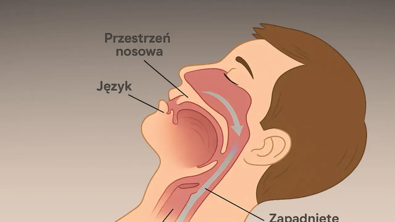 Ilustracja pokazuje przekrój głowy, wyjaśniając, **torsemed na co** wpływa obturacyjny bezdech senny (OSAS) – zapadnięte drogi oddechowe, język i przestrzeń nosową.