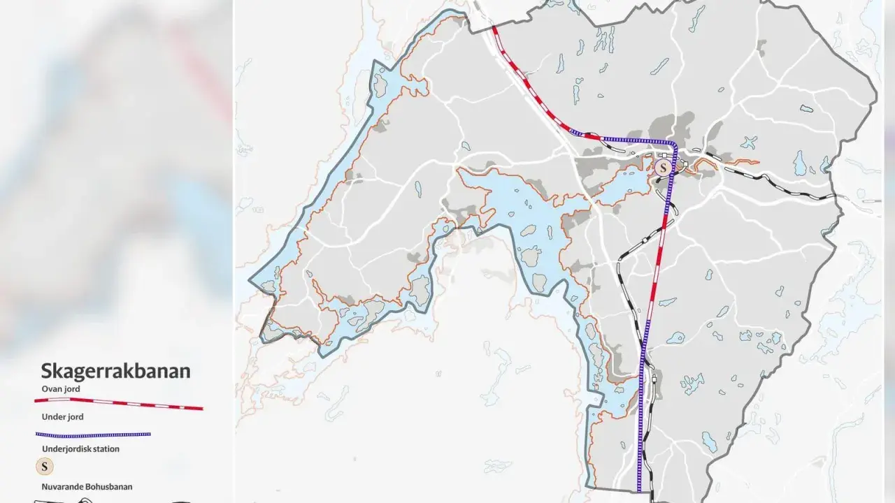 Karta över Skagerrakbanan som visar sträckningar ovan och under jord. Bohusleden syns som en linje.