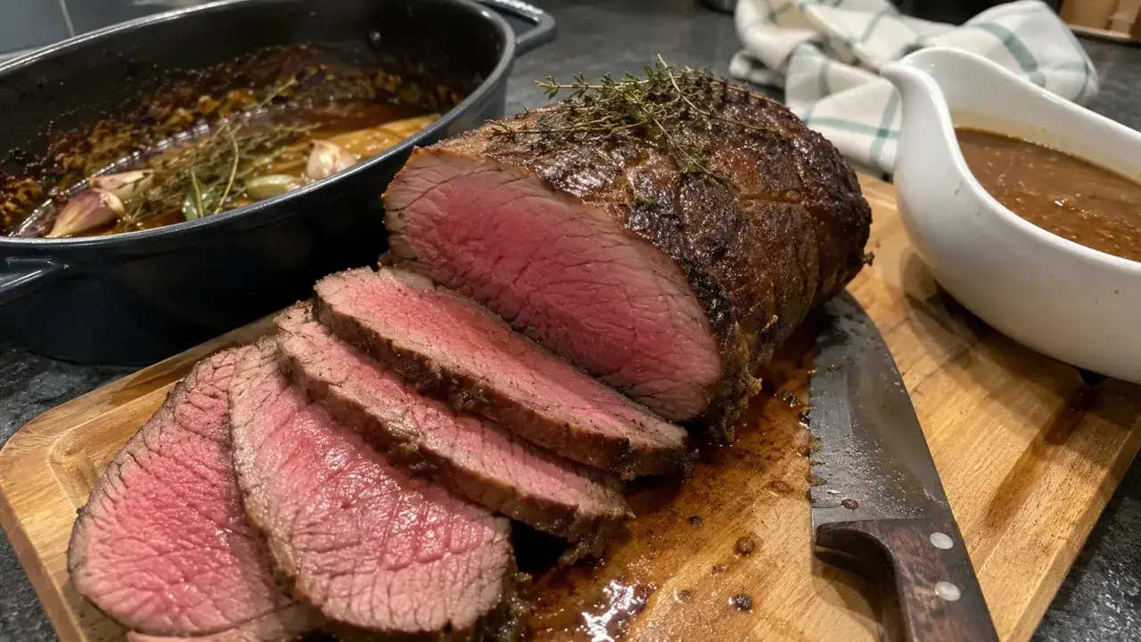 Un délicieux roti de boeuf cocotte, saignant et tendre, prêt à être dégusté avec sa sauce onctueuse.