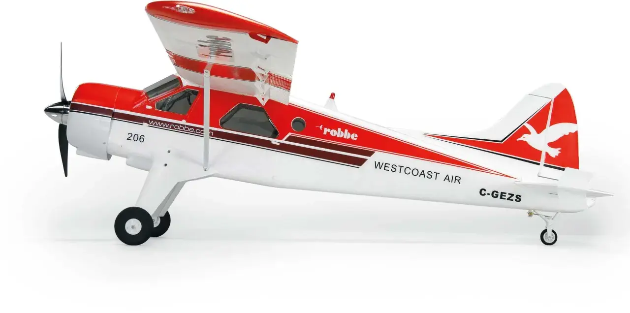 Ein rotes und weißes Modellflugzeug, ein "Beaver Flugzeug", mit der Aufschrift "Westcoast Air" und einer Taube auf dem Heck.