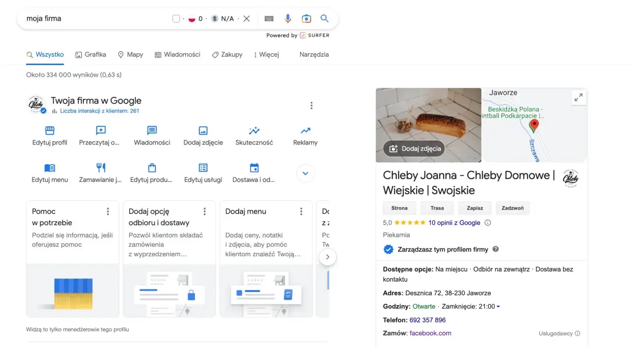 Zarządzaj swoim **profil firmowy Google** dla piekarni "Chleby Joanna". Dodaj zdjęcia, menu i opcje dostawy.