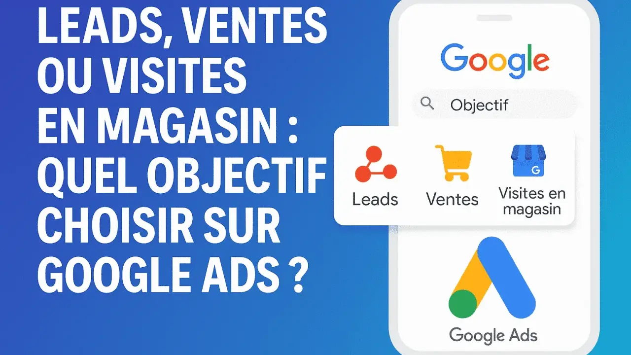 Choisir le bon objectif sur Google Ads : Leads, ventes ou visites en magasin ? L'image illustre ces options.