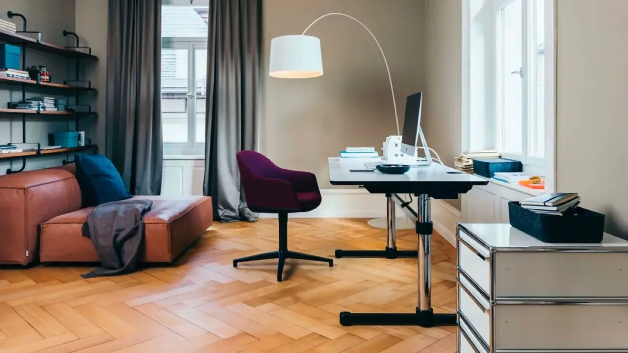 Accogliente stanza studio piccola con divano in pelle, scrivania regolabile, sedia viola e libreria a muro.