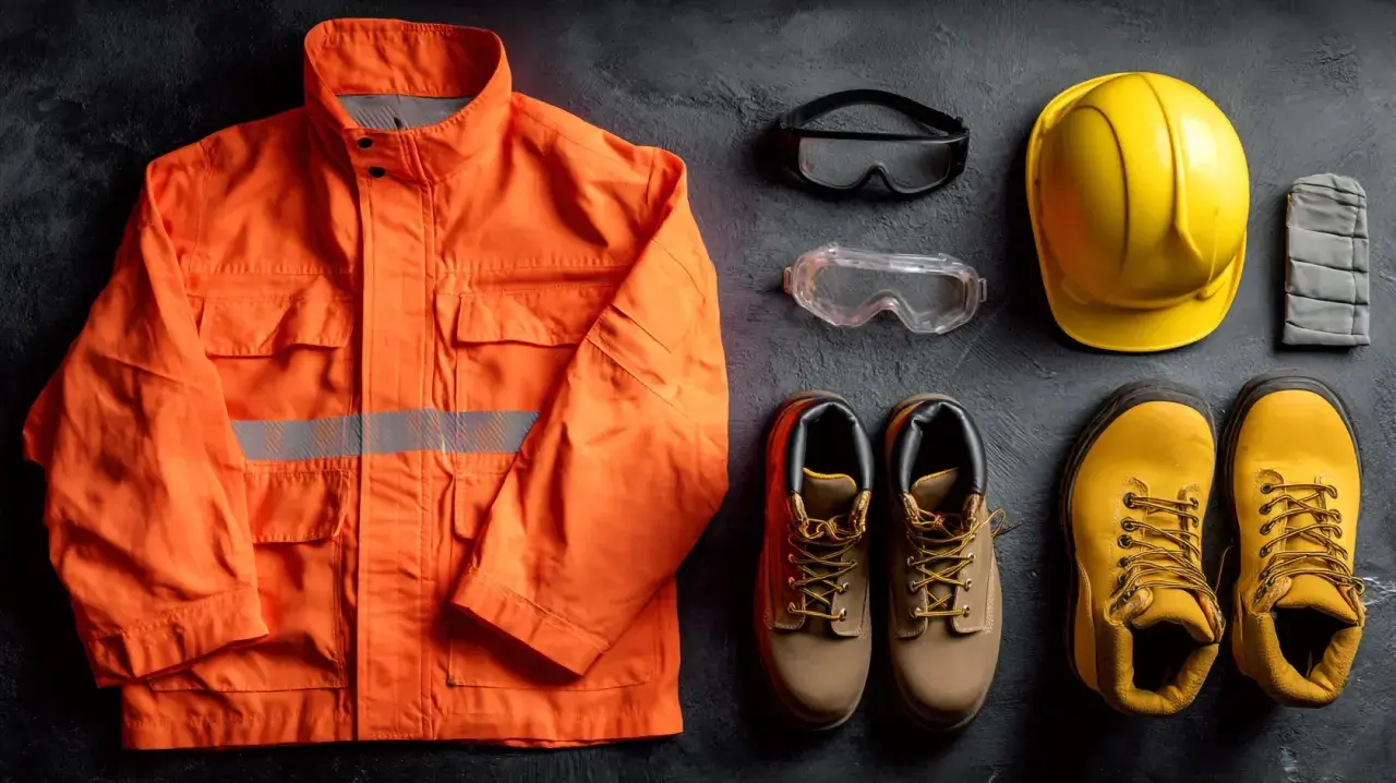 Conjunto de equipo de protección individual (EPI) para trabajo: chaqueta naranja reflectante, casco amarillo, gafas de seguridad, guantes y botas de trabajo.
