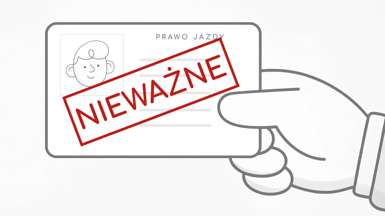 Dłoń trzyma prawo jazdy z rysunkiem twarzy i napisem "NIEWAŻNE". To symbol sytuacji, kiedy zabierają prawo jazdy.