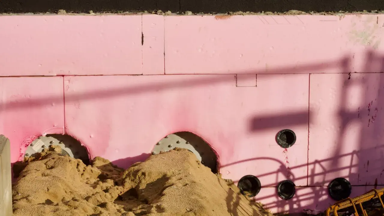 Aislamiento rosa con agujeros para tuberías y montones de arena. Se aprecian sombras y orientaciones cte.