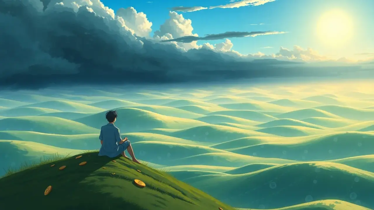 A lone figure sits on a grassy hill, contemplating the rolling landscape. Scattered coins suggest a question about how many artists are billionaires.