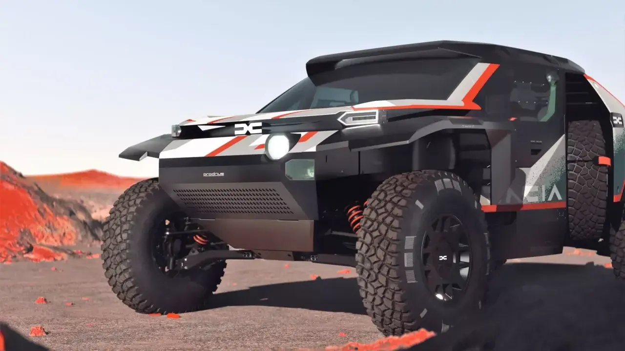 Un vehículo Dacia Dakar futurista, con diseño agresivo y neumáticos todoterreno, listo para conquistar cualquier desafío en un paisaje desértico.