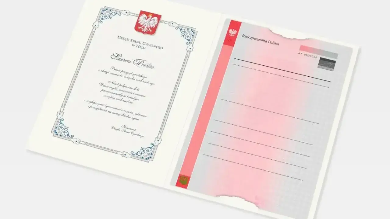 Dokument Urzędu Stanu Cywilnego z gratulacjami z okazji zawarcia związku małżeńskiego. Potwierdza stan cywilny kobiety.