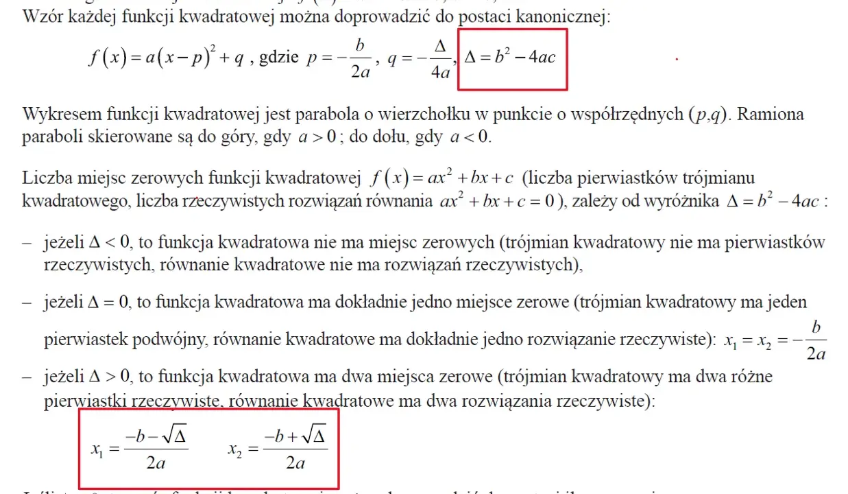 Wzory na pierwiastki funkcji kwadratowej x₁ i x₂ przy założeniu Δ > 0.